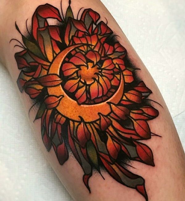 Calf brown chrysanthemum tattoo