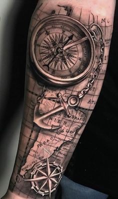 Forearm Compass tattoo with anchor