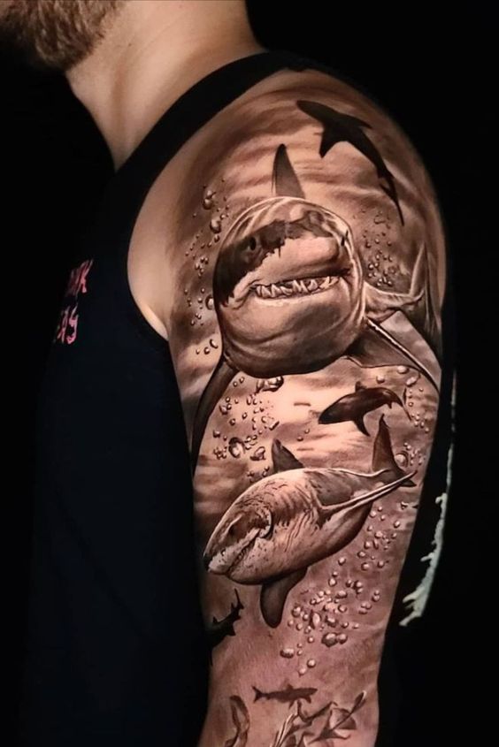 Shoulder realistic shark tattoo