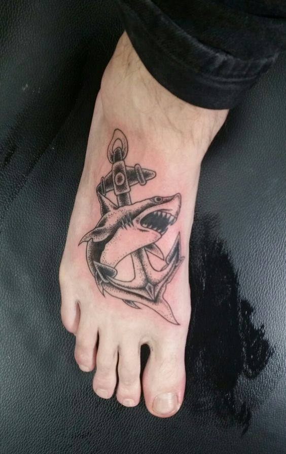 Foot shark tattoo with anchor