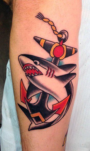 Forearm traditional shark tattoo with anchor