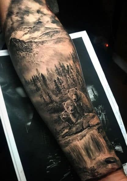 Sleeve realistic bear tattoo