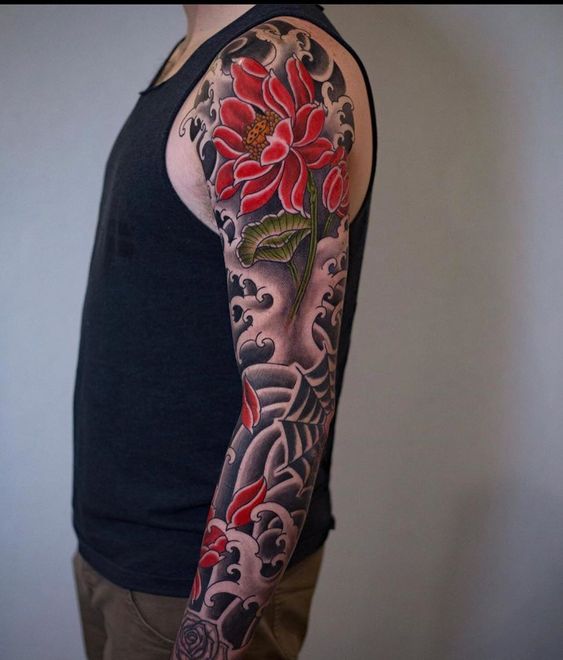 Red sleeve lotus tattoo
