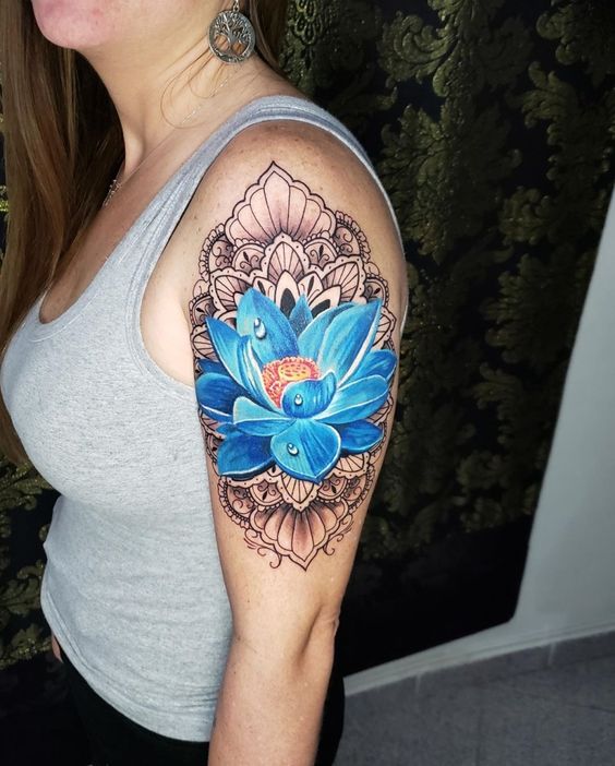Shoulder blue lotus tattoo