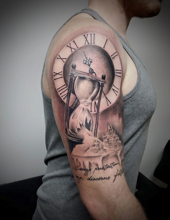 Shoulder broken hourglass tattoo with clock