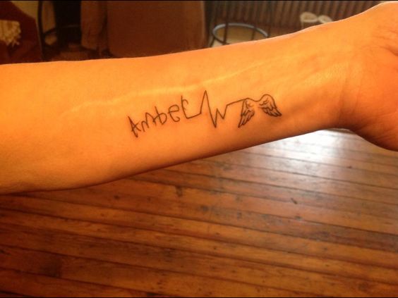 Forearm Heartbeat tattoo with angel wings