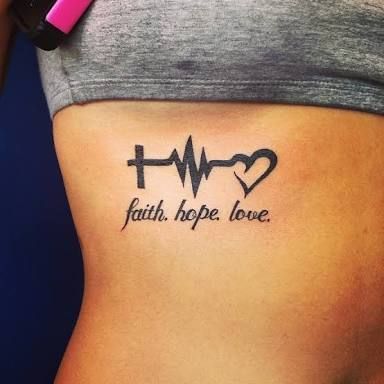 Faith - Hope - Love Heartbeat tattoo on the ribs