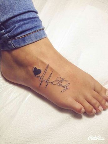 Foot Heartbeat tattoo with word "Family"
