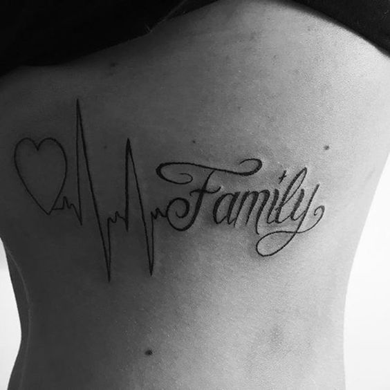 Thigh Heartbeat tattoo with word "Family"