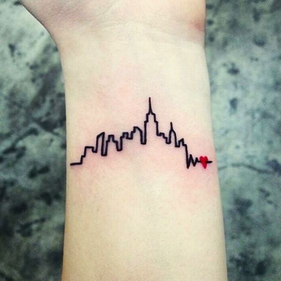 Wrist Heartbeat cityscape tattoo