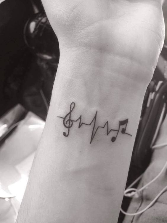 Wrist Heartbeat tattoo with musical notation scale