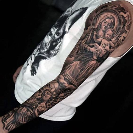 Sleeve  Virgin Mary tattoo with a child in her arms