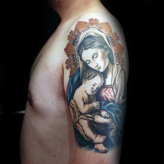 Shoulder Virgin Mary tattoo with a child in her arms