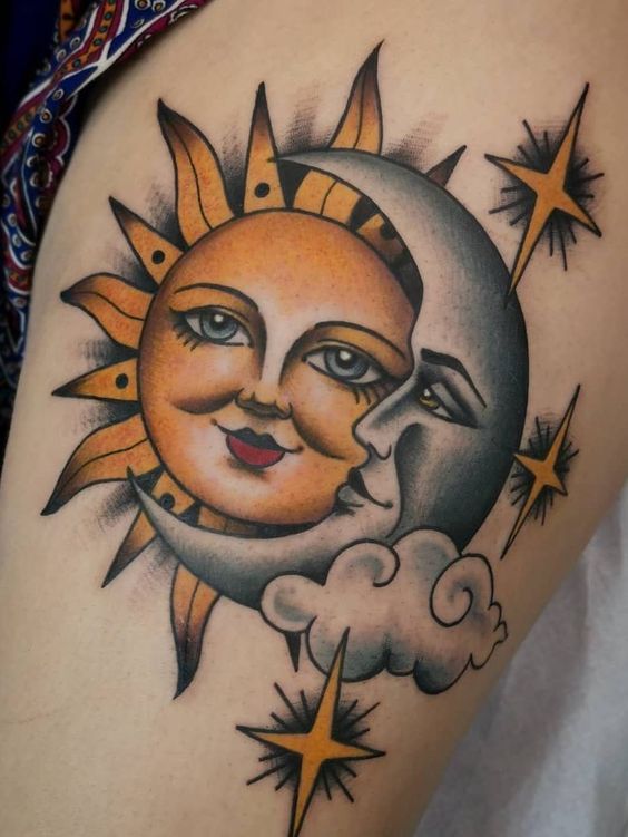  Moon and Sun thigh tattoo