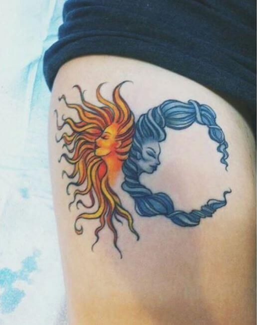  Moon and Sun thigh tattoo