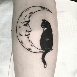 Cat and Moon calf tattoo
