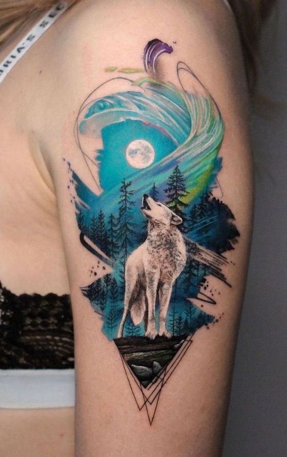 Shoulder Wolf and Moon tattoo