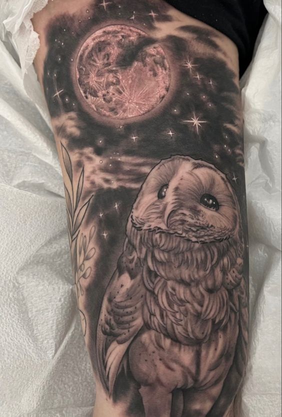Owl and Moon tattoo 7