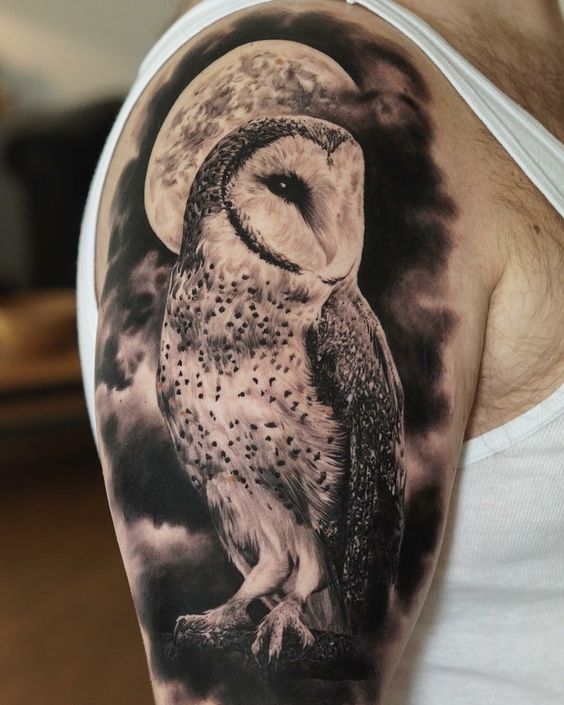 Owl and Moon shoulder tattoo