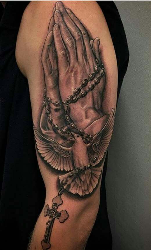 Shoulder Praying hands tattoo with rosary and dove of peace