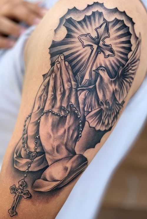 Shoulder Praying hands tattoo with cross, rosary and dove of peace