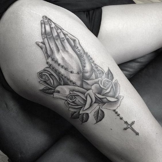 Thigh Praying hands tattoo with roses and rosary