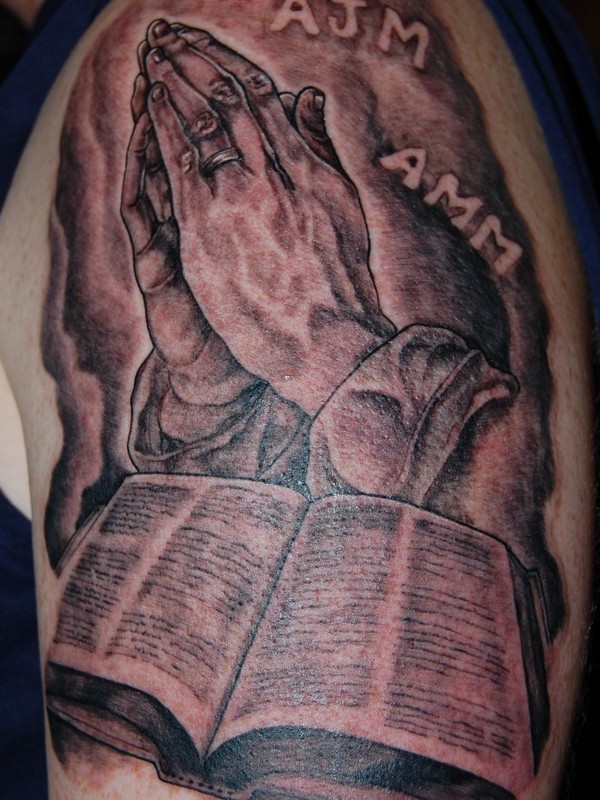 Shoulder Praying hands tattoo with Bible
