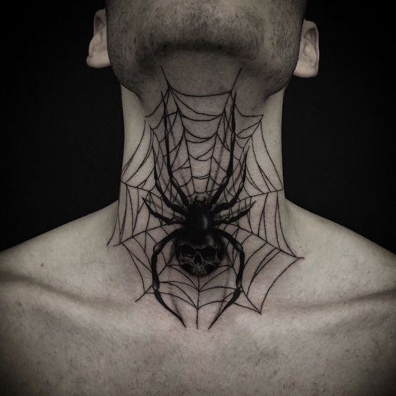 Neck spider web tattoo with spider