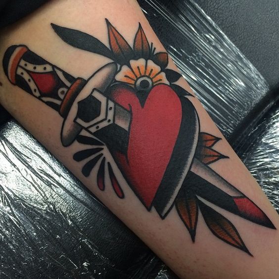 Leg hear dagger tattoo