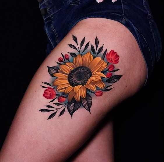 Thigh Sunflower tattoo 