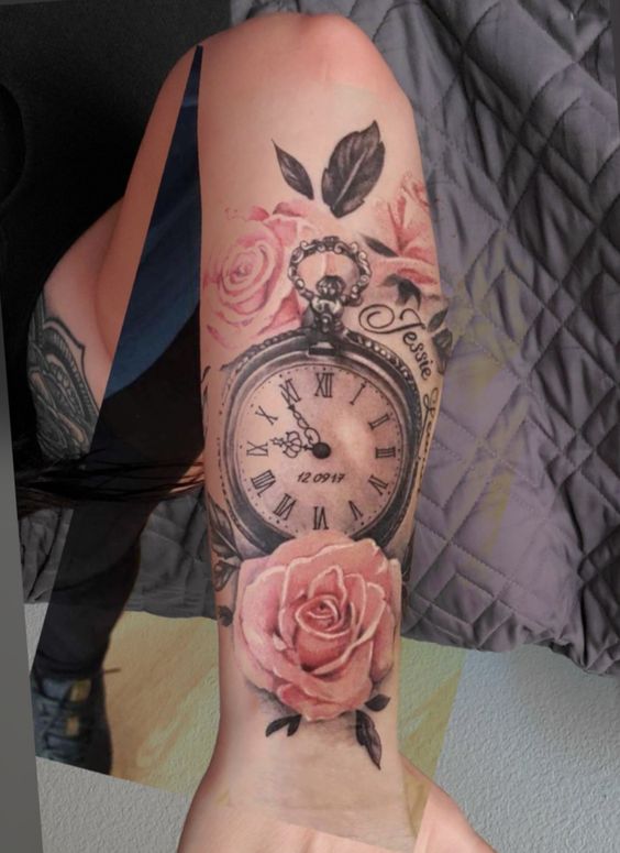 Forearm clock tattoo with Roman numerals