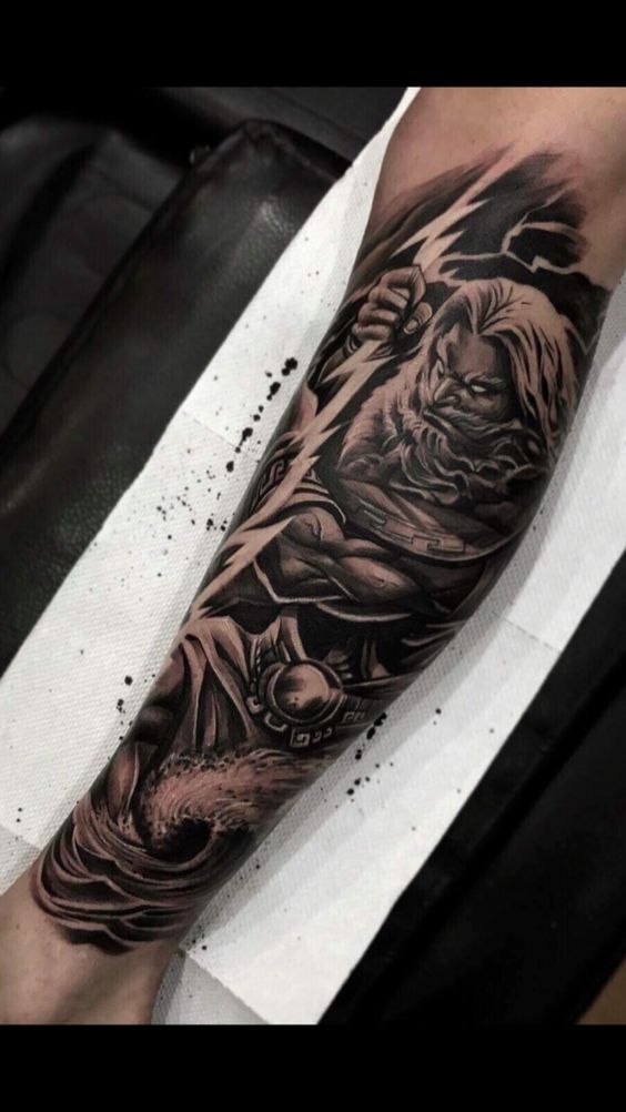 Calf Zeus tattoo with lightning