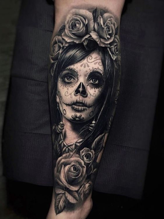 Calf Chicano Santa Muerte Tattoo