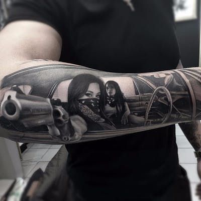 Forearm Chicano sassy beauties tattoo 
