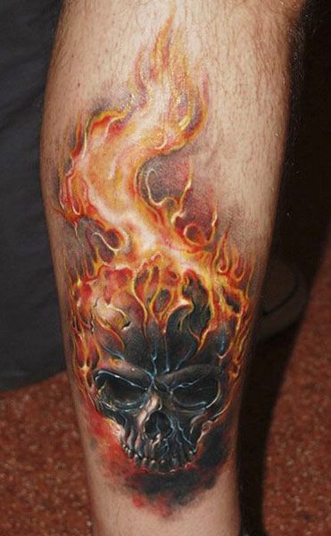 Skull Flame calf tattoo
