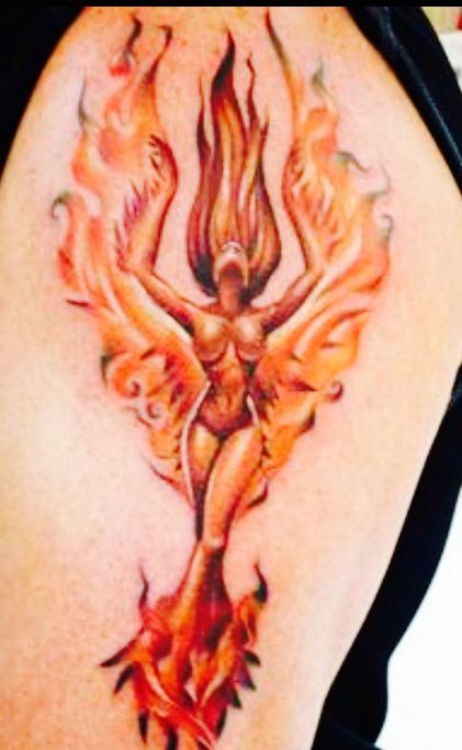 Woman on the Flame shoulder tattoo 
