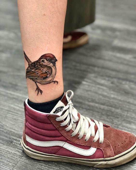 realistic sparrow ankle tattoo