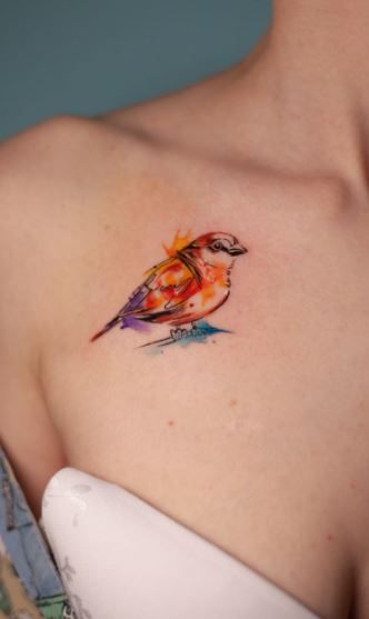 watercolor sparrow chest tattoo