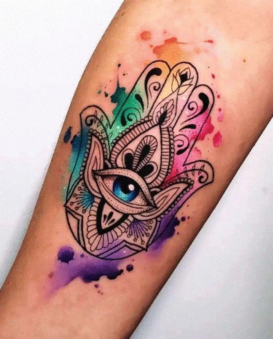 Detailed Hamsa forearm tattoo artwork capturing the essence of spiritual enlightenment.