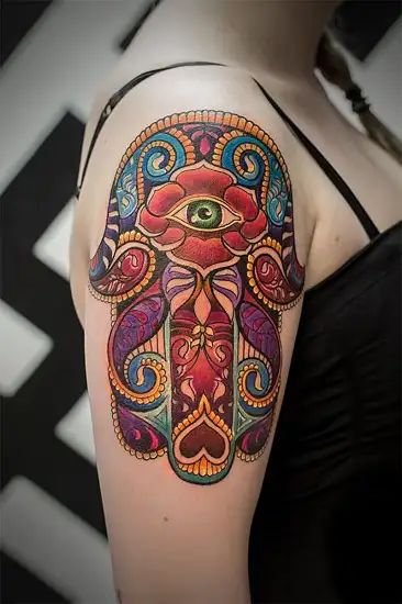 Shoulder Hamsa tattoo design, symbolizing the simplicity and directness of the protective symbol.