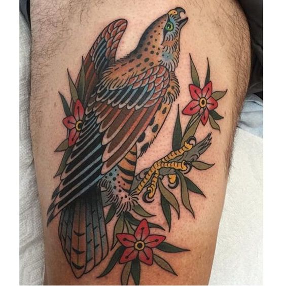 Color thigh Hawk tattoo
