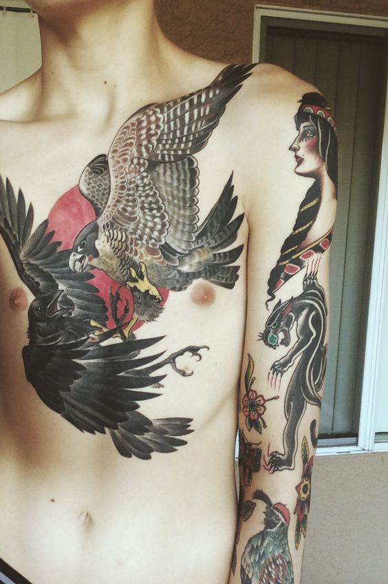 Color chest Hawk tattoo