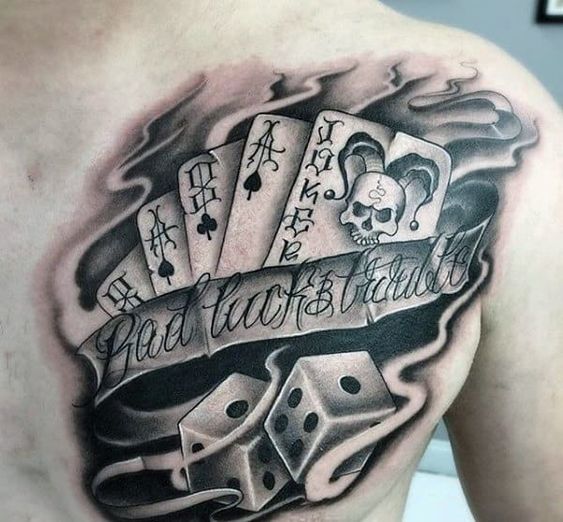Chest dice tattoo with cards