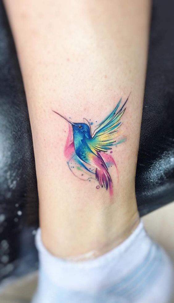 Ankle color hummingbird tattoo
