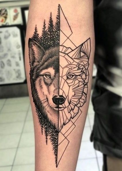 Geometric forearm wolf tattoo