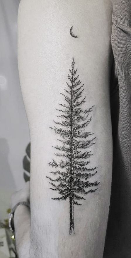 Pine tree bicep tattoo