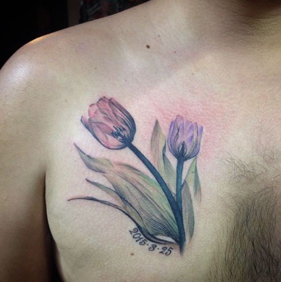 Purple tulip tattoo on the chest