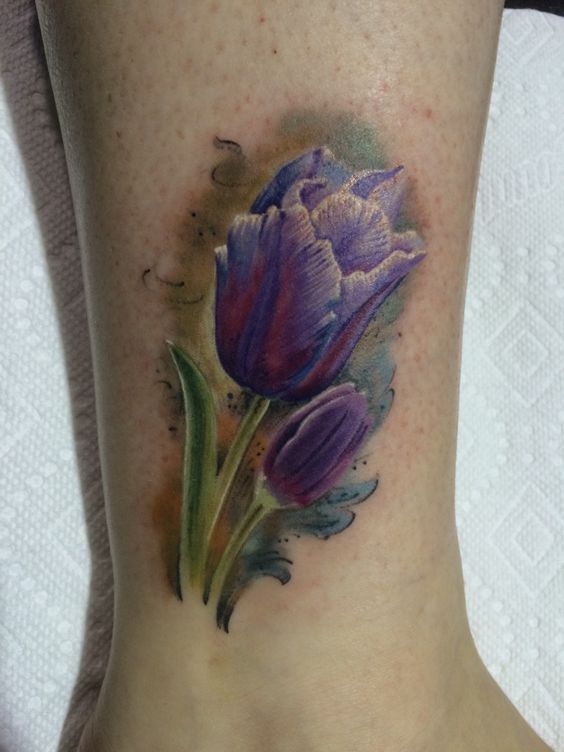 Ankle purple tulip flower tattoo