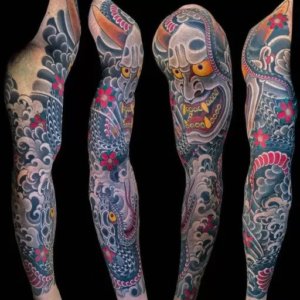 Embrace the power of Japanese mythology with Oni Mask sleeve tattoo 3