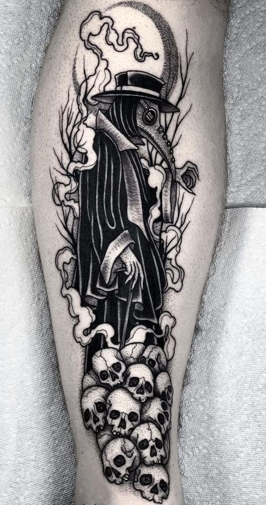 Plague Doctor tattoo on calf